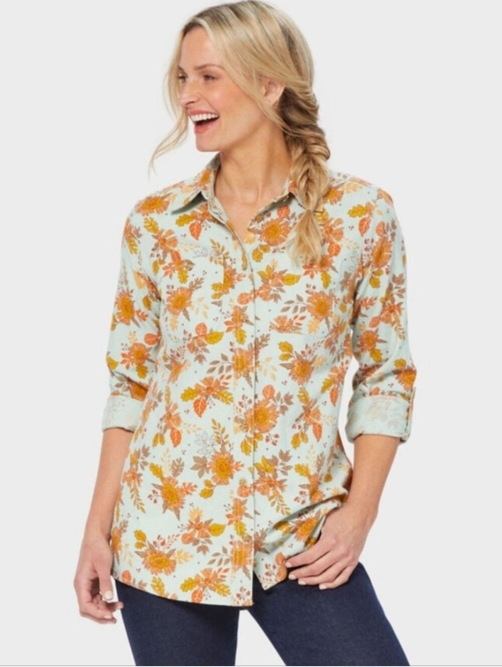 Duluth Trading Co Free Swingin' Flannel Tunic Women's Small Green Gold Floral